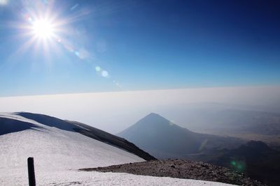 Scenic view of mountains against clear blue sky