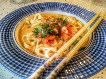 High angle view of soup in bowl on table