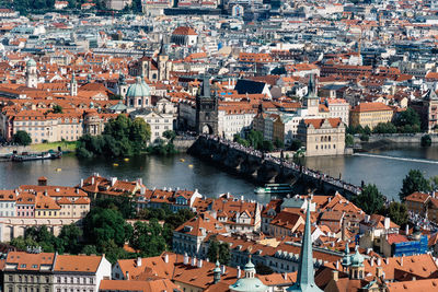 High angle view of city at river