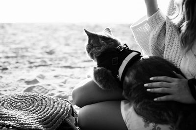 Midsection of woman with cat on beach