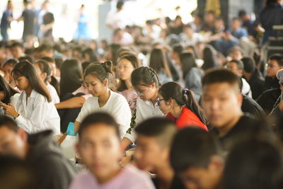 High angle view of people in city