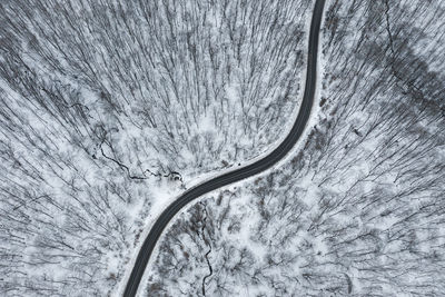 Aerial view of road amidst snow covered bare trees in forest