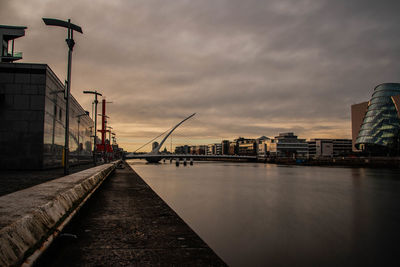 River by buildings in city against sky at sunset