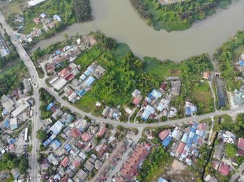 High angle view of trees and buildings in city