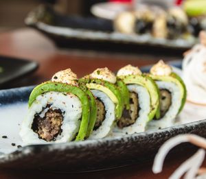 Close-up of sushi in plate