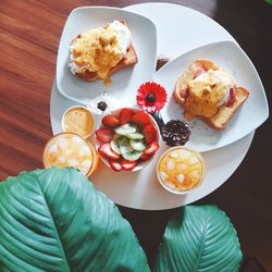 High angle view of breakfast served on table