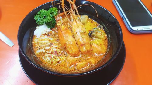 High angle view of soup in bowl on table