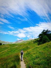 Rear view of man standing on grassy field