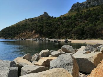 Scenic view of rocks by river against clear sky