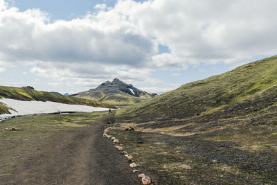 View of amazing landscape in iceland while trekking famous laugavegur trail