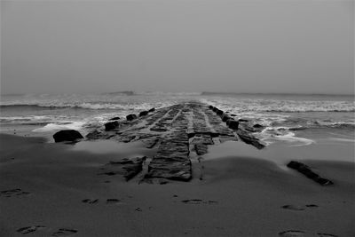 Driftwood on beach against clear sky