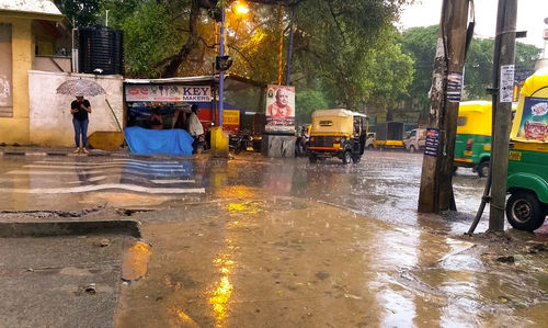 Wet street by trees in city