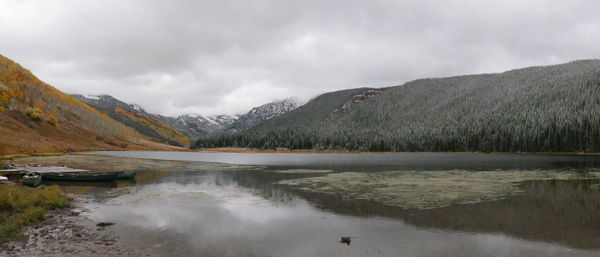 Scenic view of lake and mountains against sky