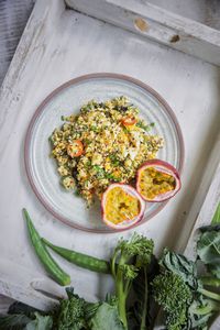 High angle view of food in plate
