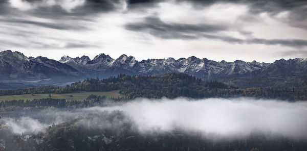 Scenic view of lake and mountains against sky