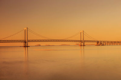 View of suspension bridge at sunset