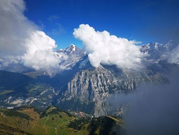 Aerial view of snowcapped mountains against sky