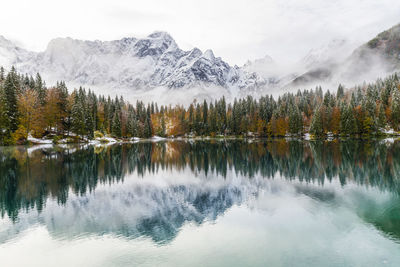 Scenic view of lake by snowcapped mountains against sky