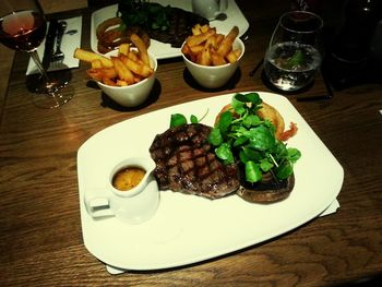 Close-up of food served on table