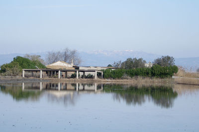 Scenic view of lake by building against sky