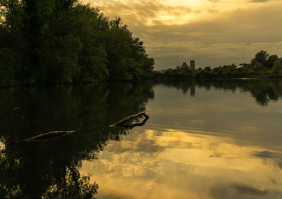 Scenic view of lake against sky at sunset