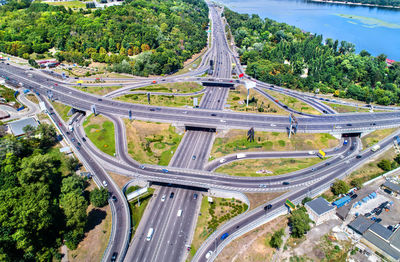 High angle view of bridge over highway in city