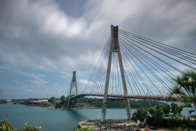 Suspension bridge over river against sky