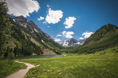 Scenic view of lake and mountains in front of grassy field against sky