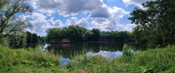 Scenic view of lake in forest against sky