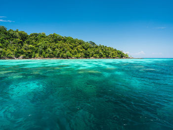 Scenic view of surin island clear turquoise sea with coral reef against summer blue sky. thailand.