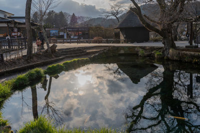 Reflection of trees and buildings in lake