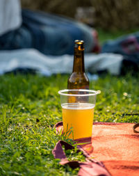 Glass of beer on field