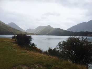 Scenic view of lake against cloudy sky