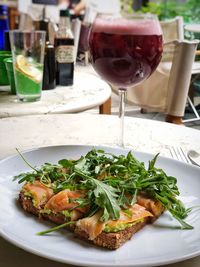 Close-up of food served on table