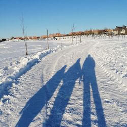 Shadow of people on snow covered field against sky