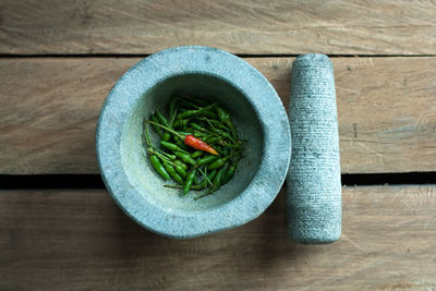 High angle view of salad in bowl on table