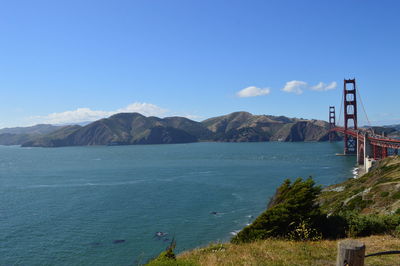 View of suspension bridge over sea