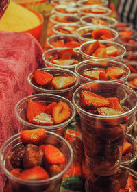 High angle view of fruits in glass for sale