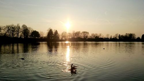 Scenic view of lake at sunset