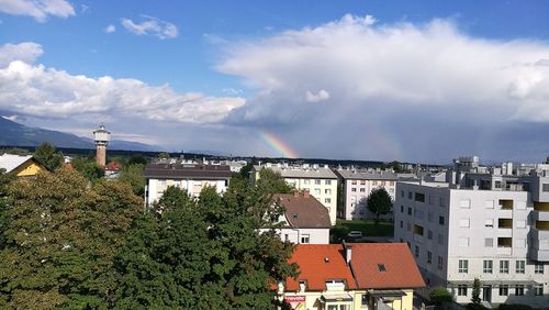 Buildings in city against cloudy sky