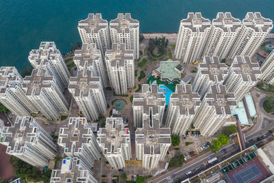 High angle view of buildings in city