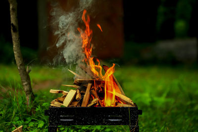 Close-up of bonfire on field