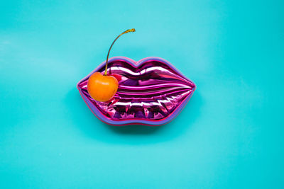 High angle view of drink on blue table