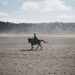 Man riding hose at beach against sky