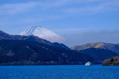 Scenic view of sea and mountains against sky