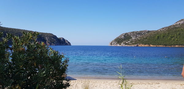 Scenic view of sea against clear blue sky