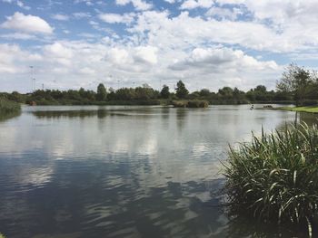 Scenic view of lake against cloudy sky