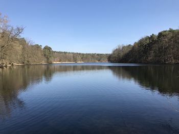 Scenic view of lake against clear blue sky