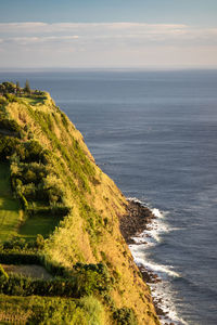 High angle view of coastline from the viewpoint ponta do arnel, sao miguel island, azores, portugal