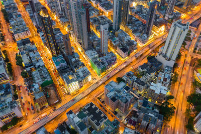 High angle view of illuminated city at night